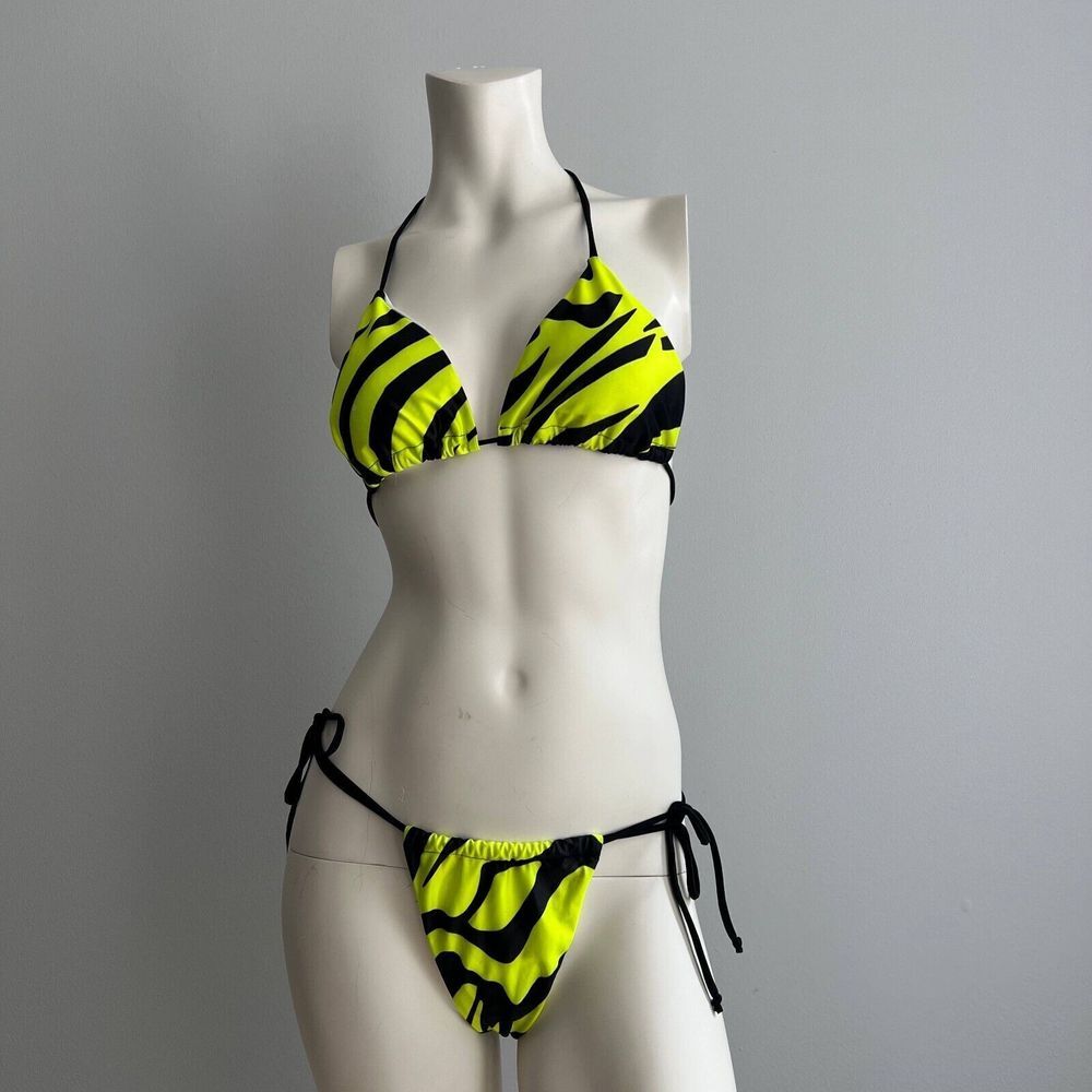 Swimwear Women Black & Neon Zebra Brazilian Triangle Two Piece Swimsuit Size M‎
